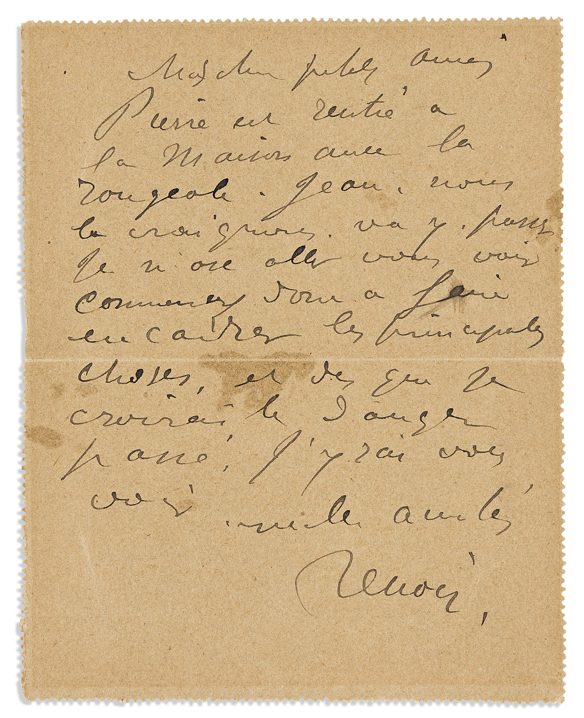 RENOIR, PIERRE AUGUSTE. Brief Autograph Letter Signed, Renoir, to Julie Manet, in French,